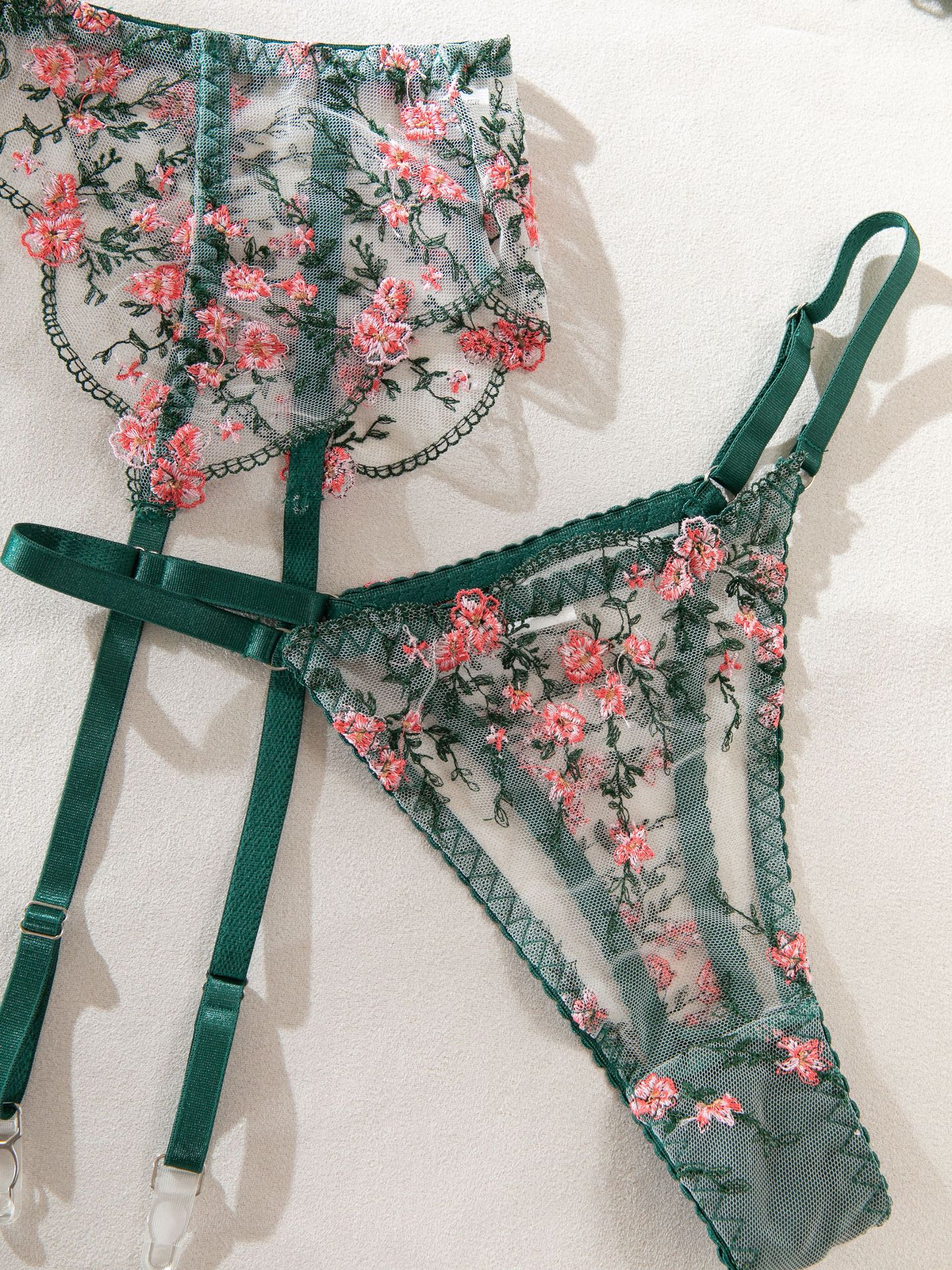 Floral Lingerie Set Sexy 4-Piece Embroidered Bra And Brief Underwear With Garter